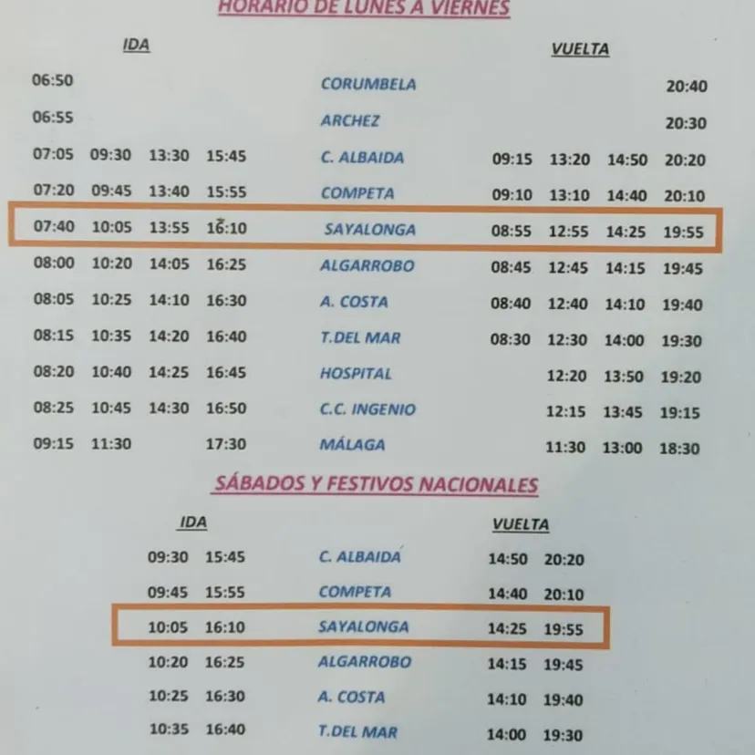 Bus schedule from Sayalonga